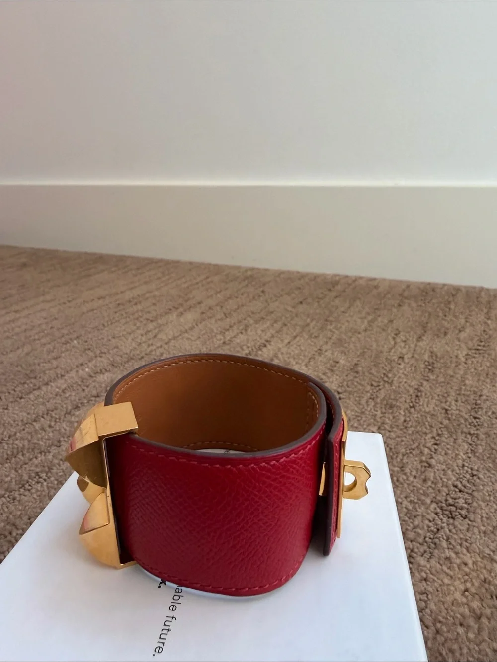 Hermes Red Leather Cuff with Gold Pyramid Studs and Ring